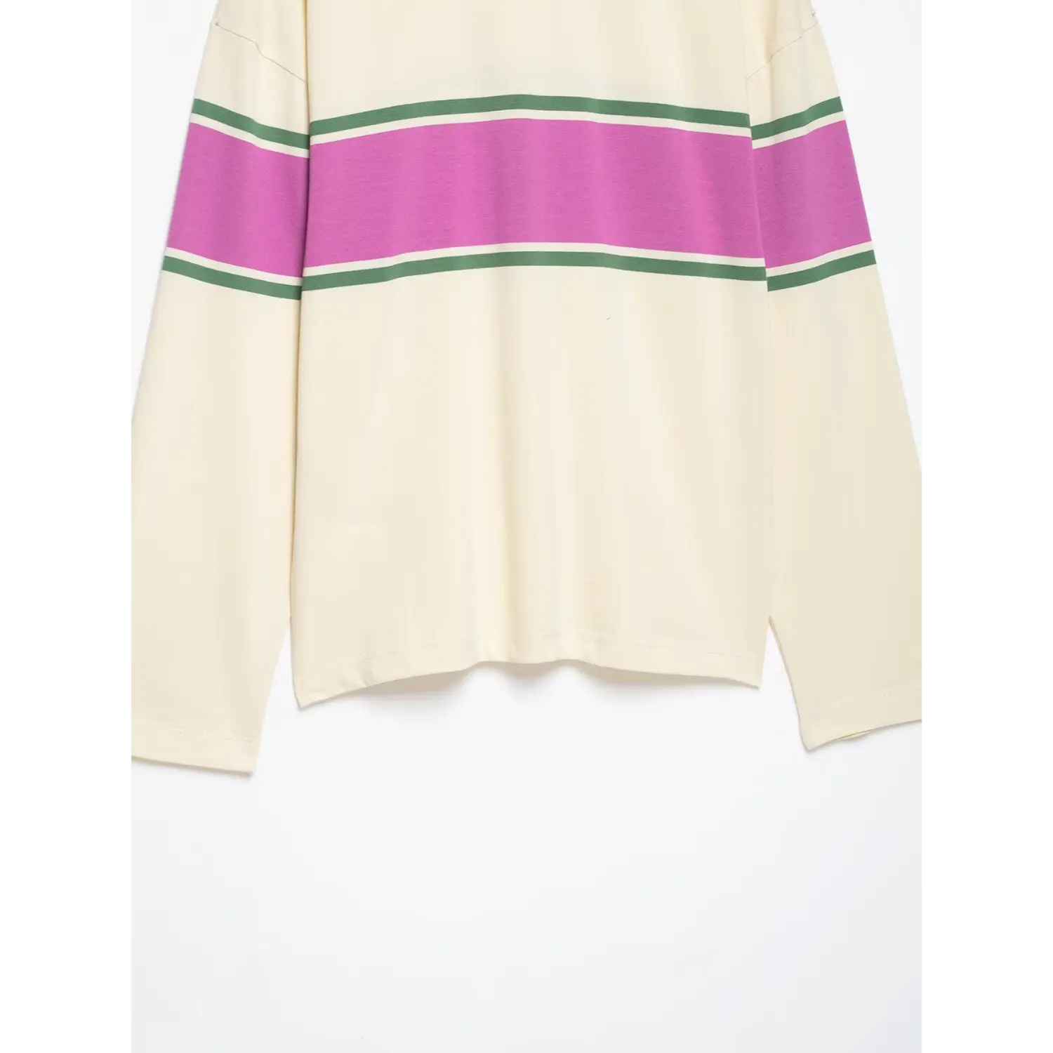 Flat lay back lower hem view cream color‑block long sleeve polo top full sleeve and bottom hem display