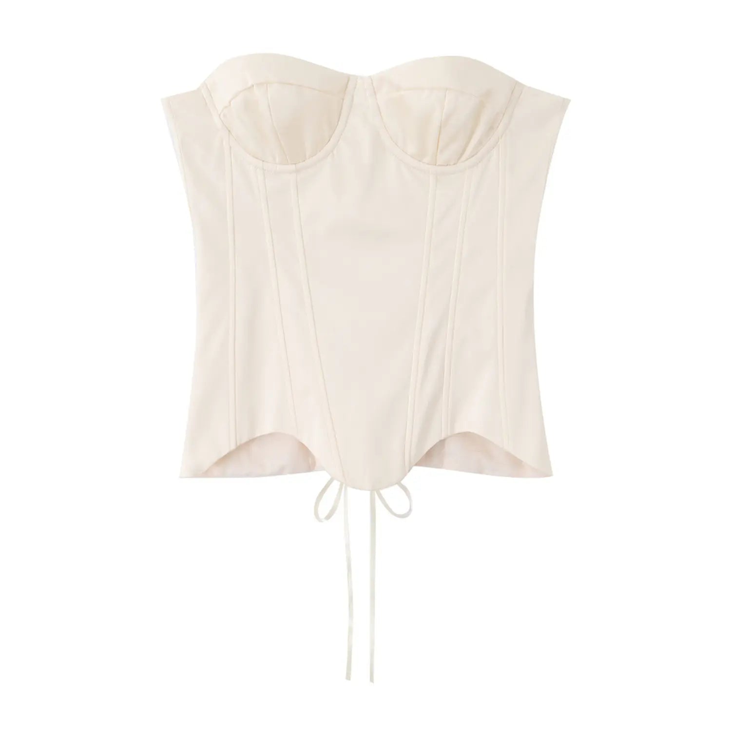Flat‑lay cream sweetheart bustier corset top, boned seams with lace‑up ribbon tie at hem