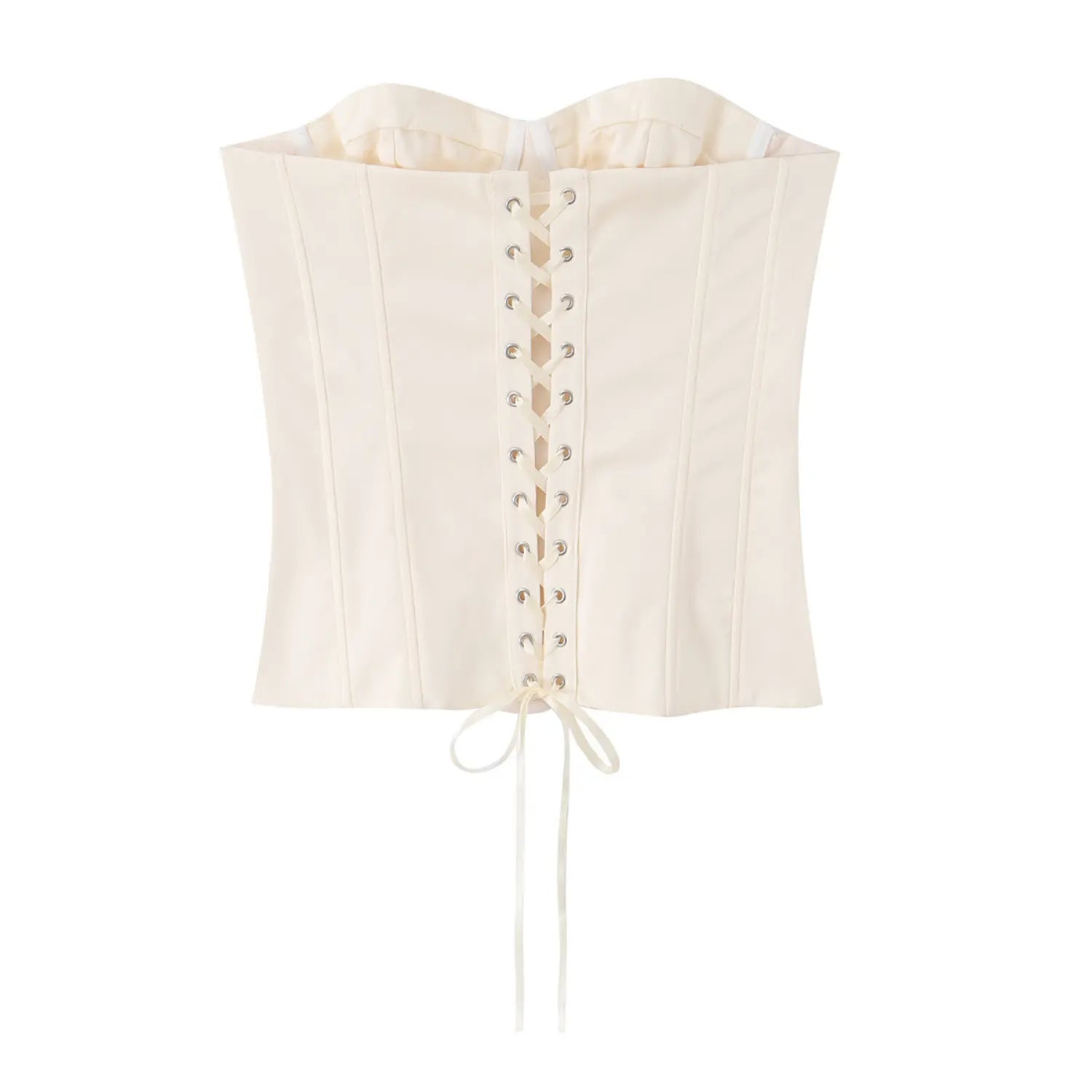 Back view cream sweetheart boned corset top, metal eyelet lace‑up ribbon tie closure for adjustable fit