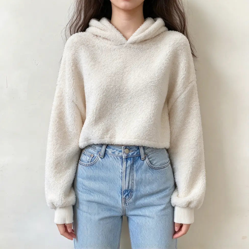 Model wearing cream teddy fleece hooded cropped sweatshirt with jeans, front view