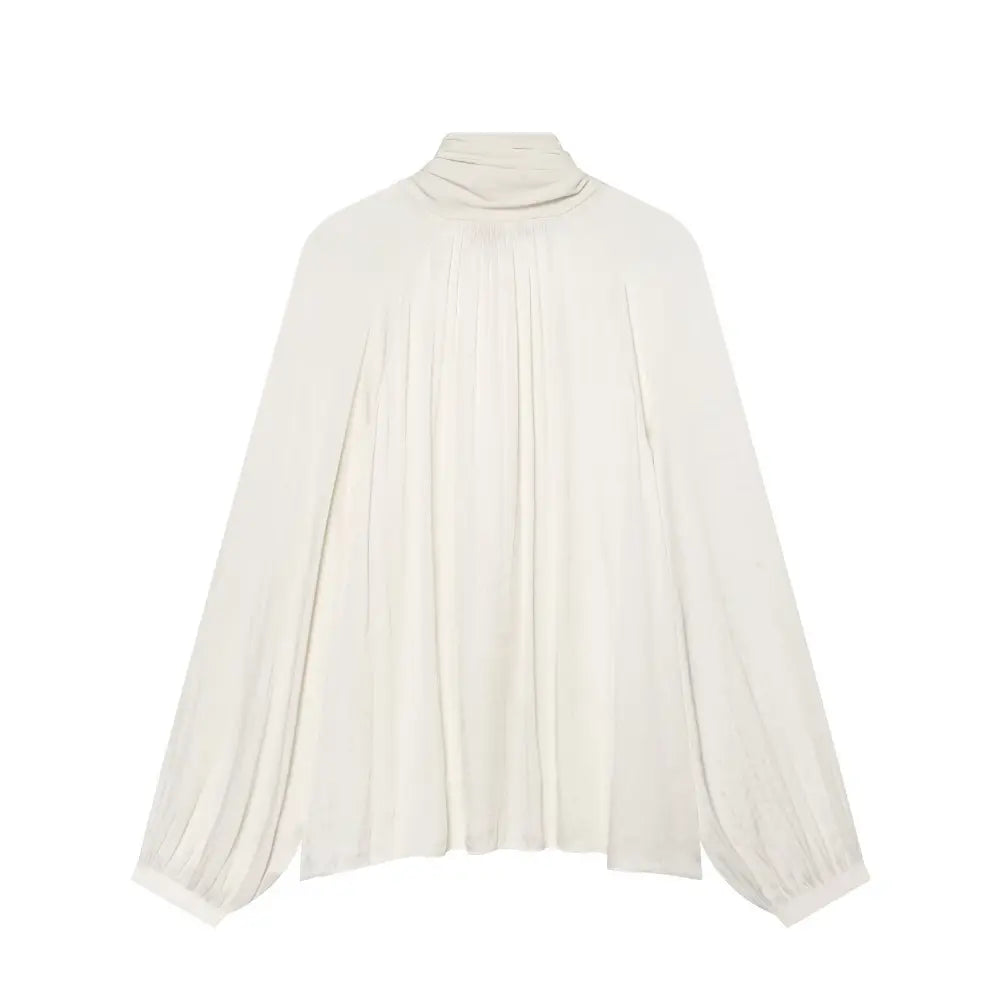 Cream tie neck bow blouse, back flat lay