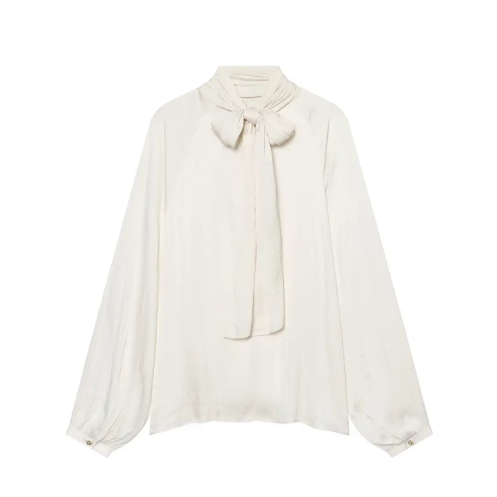 Cream tie neck bow blouse, front flat lay