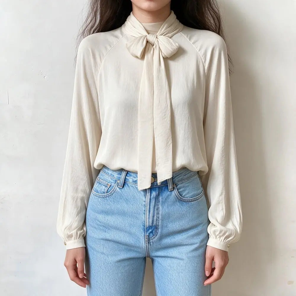 Model wearing cream tie neck bow blouse, front view
