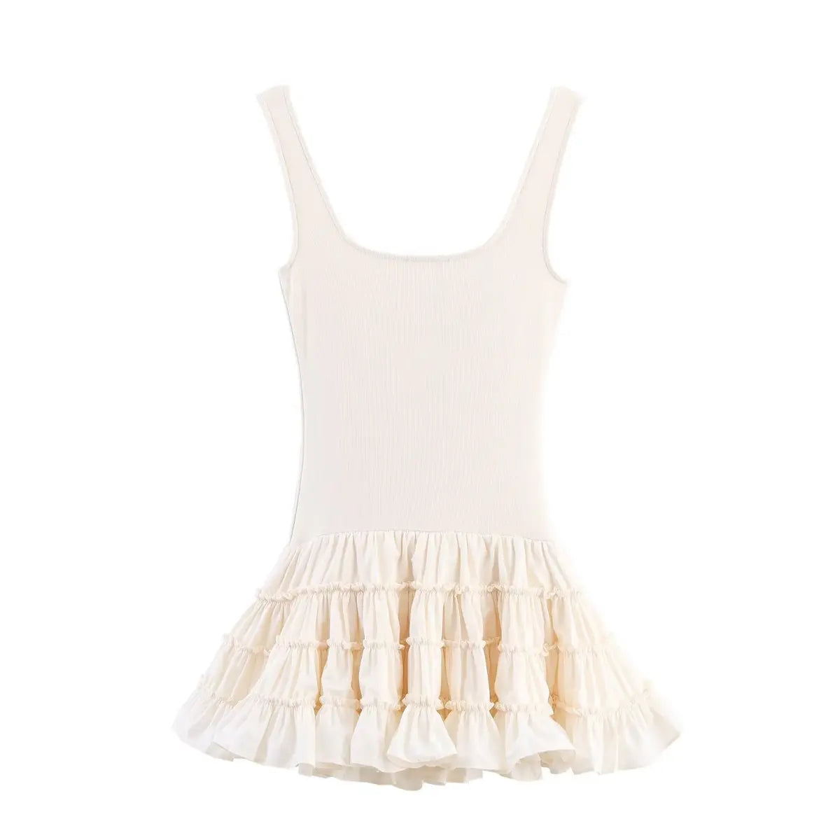 Full back view on white background of cream square-neck tiered ruffle mini dress