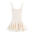 Full front view on white background of cream square-neck tiered ruffle mini dress