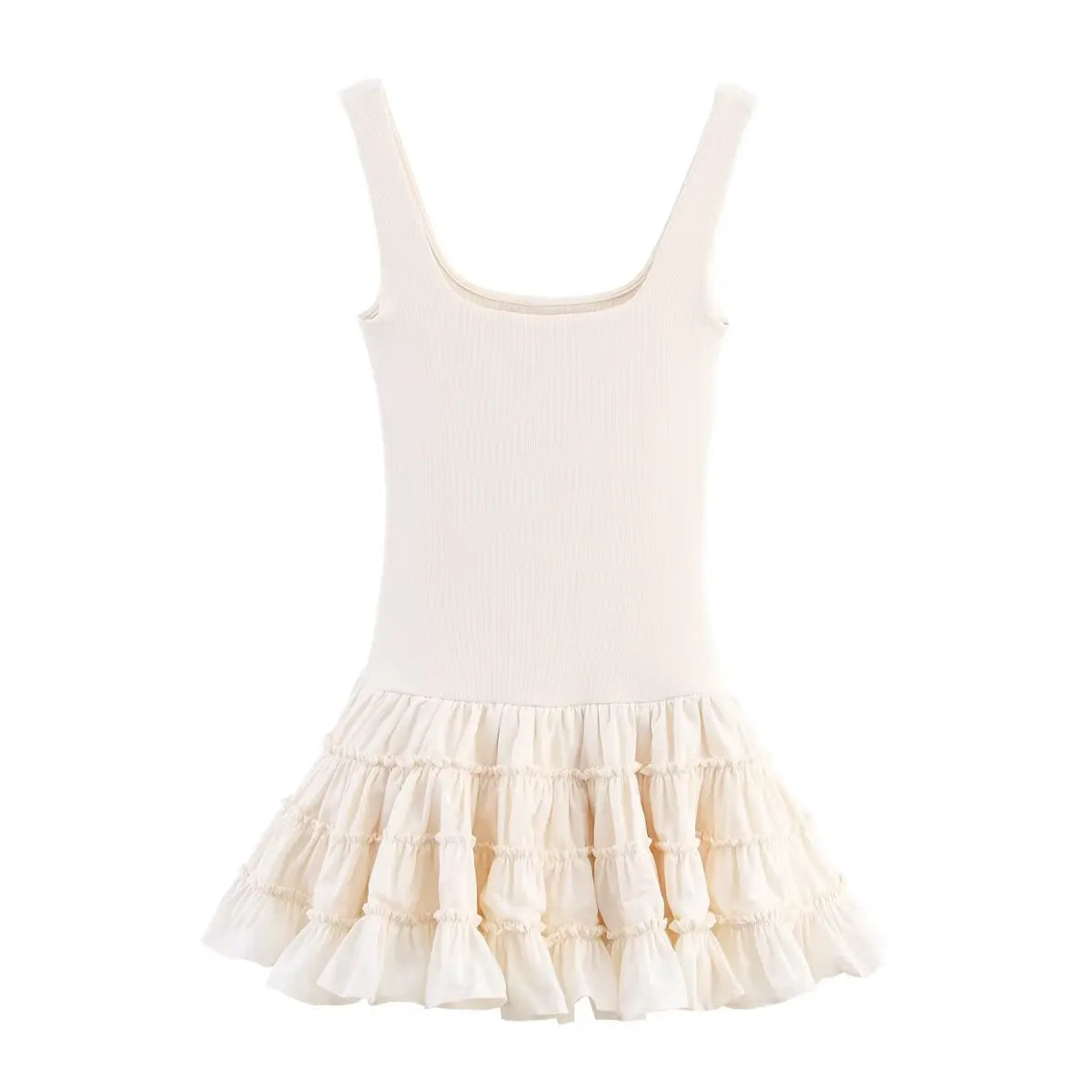 Full front view on white background of cream square-neck tiered ruffle mini dress