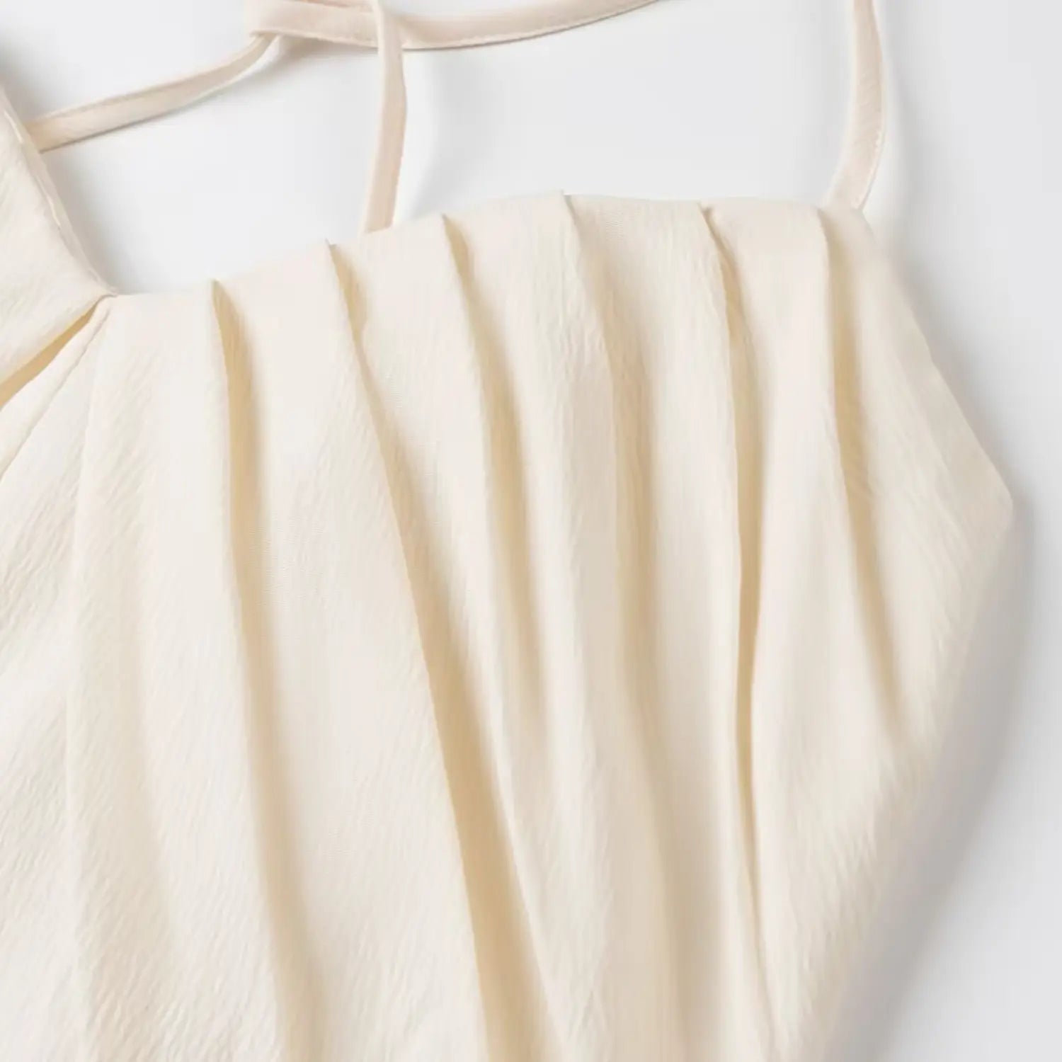 Front chest gathered ruched fabric detail cream textured camisole top