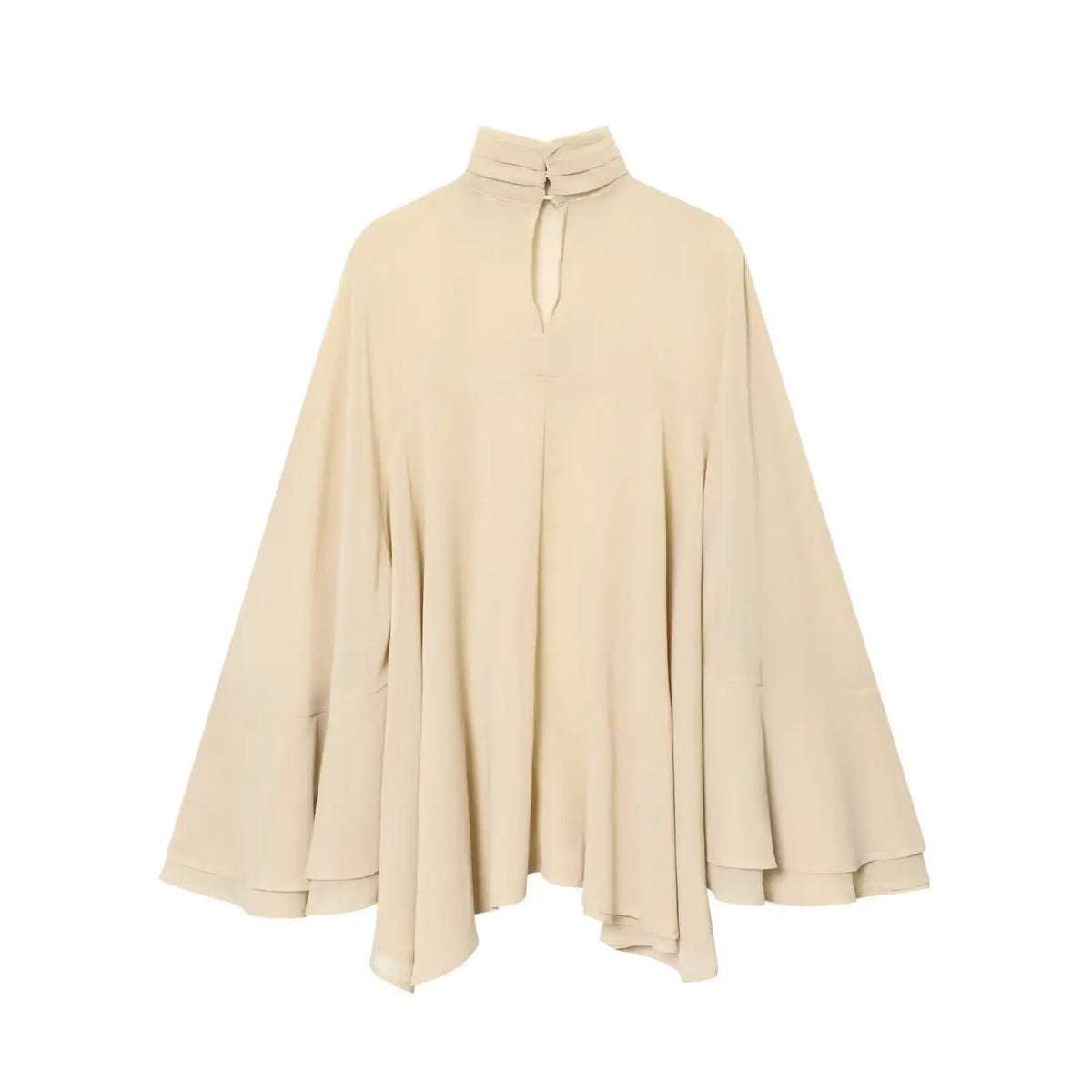 Cream turtleneck bell sleeve cape blouse, back flat lay