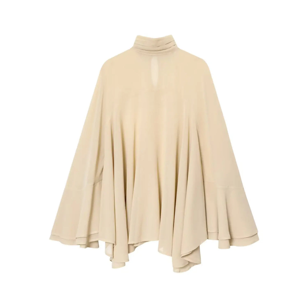 Cream turtleneck bell sleeve cape blouse, front flat lay