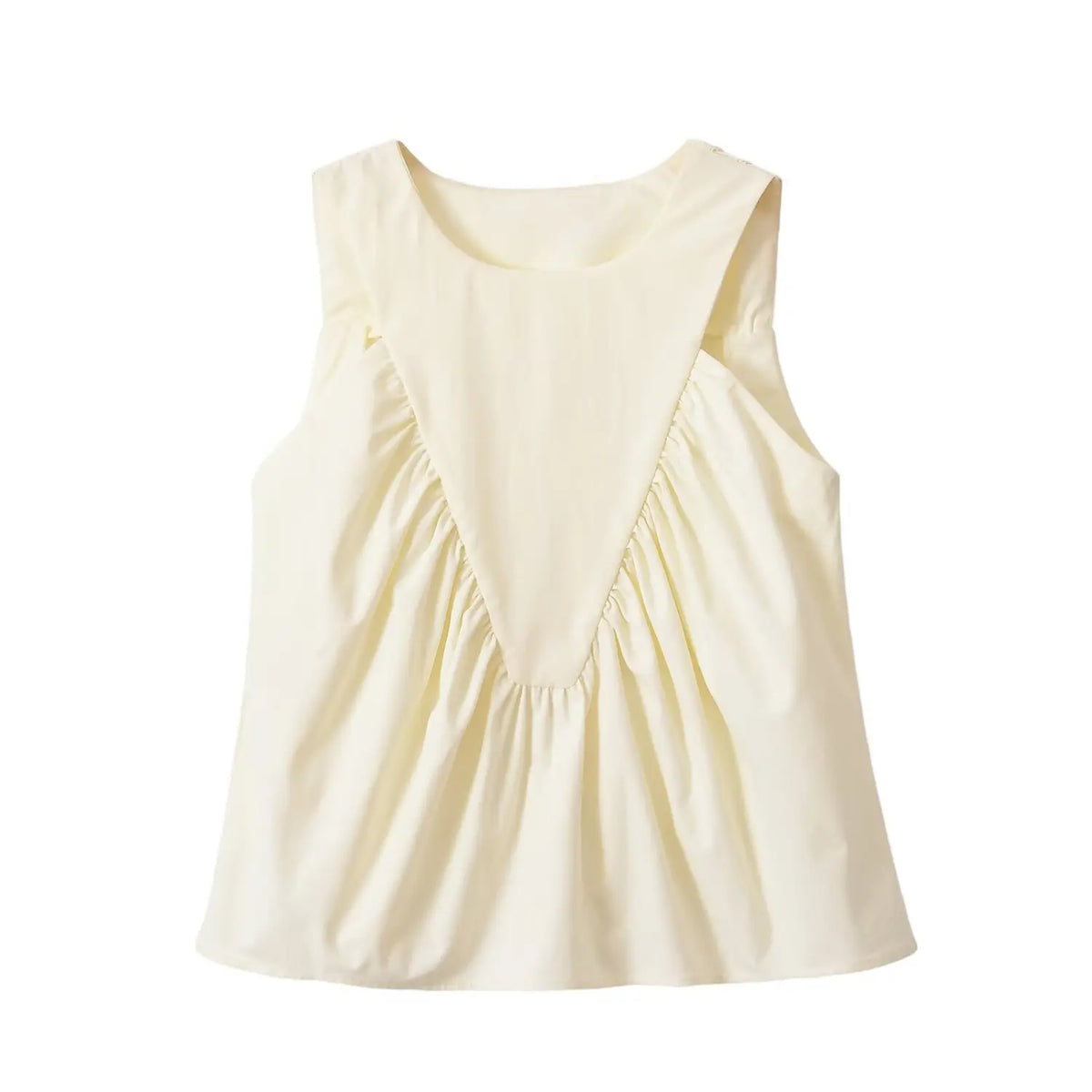 Front flat lay of cream v shape ruched sleeveless crop top