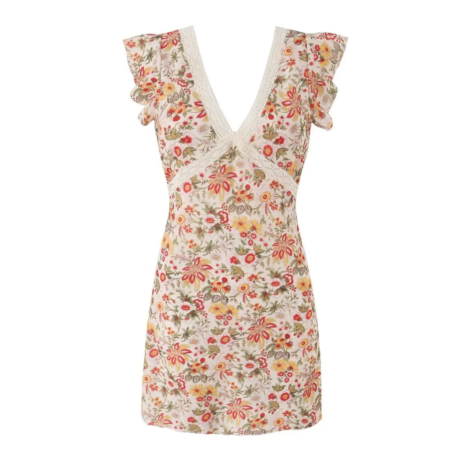 Studio front view cream base vintage floral print mini dress, deep V neck with white lace trim, ruffle cap sleeves, women casual summer short dress