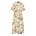 Cream watercolor floral print shirt midi dress, front view, collar, button front, short tie sleeves, self tie waist belt