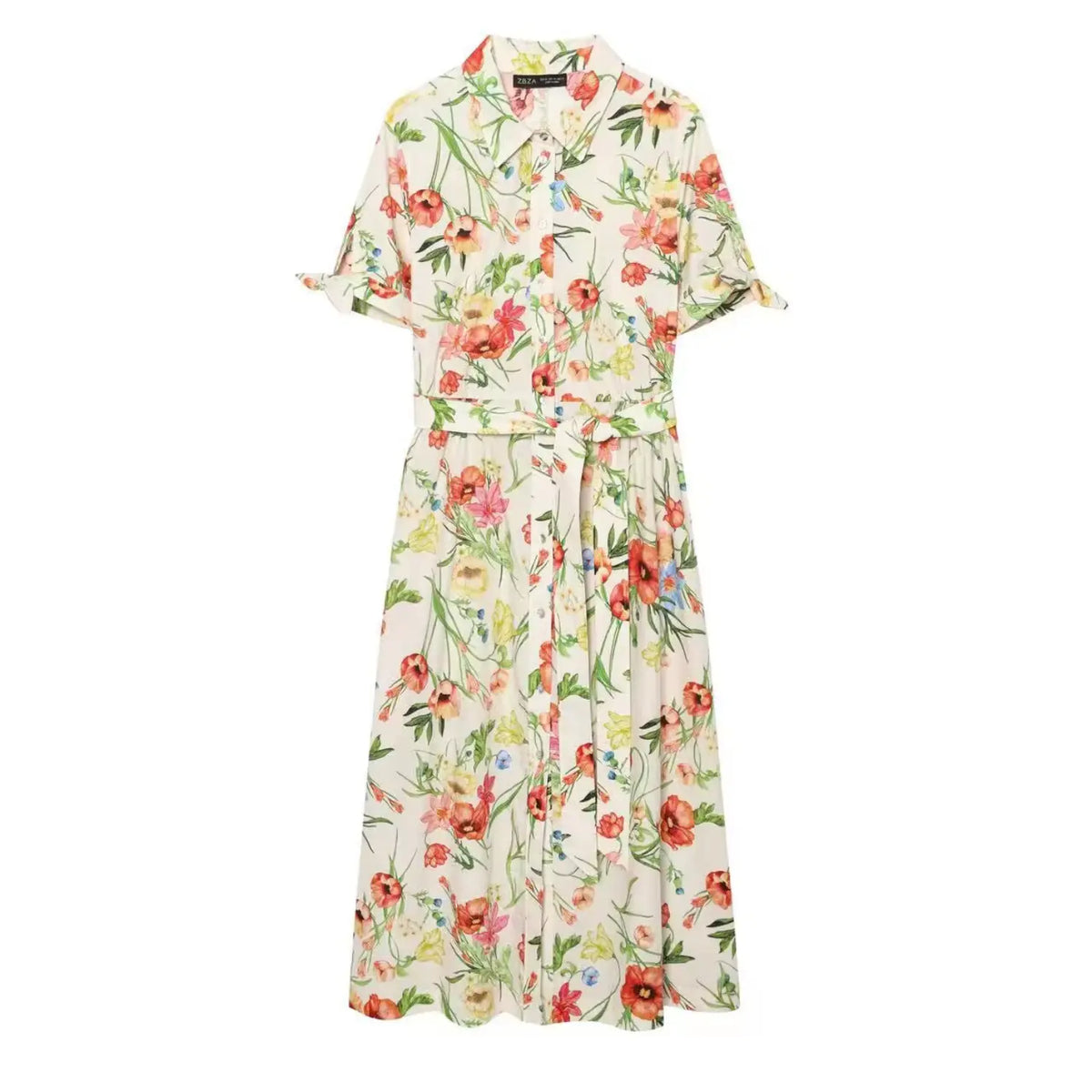Cream watercolor floral print shirt midi dress, front view, collar, button front, short tie sleeves, self tie waist belt