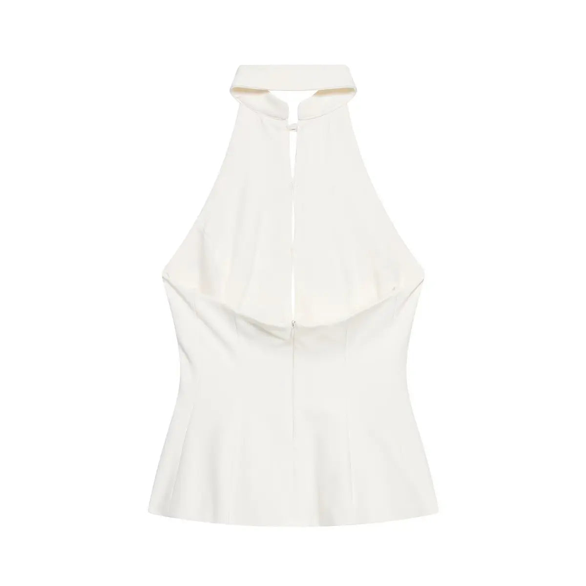 Back view of a cream-white halter top with a high neck and center back zipper closure.