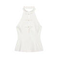 Flat-lay view of a cream-white halter top with traditional Chinese knot buttons and keyhole cutout.