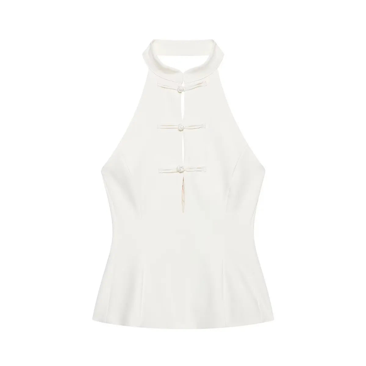 Flat-lay view of a cream-white halter top with traditional Chinese knot buttons and keyhole cutout.