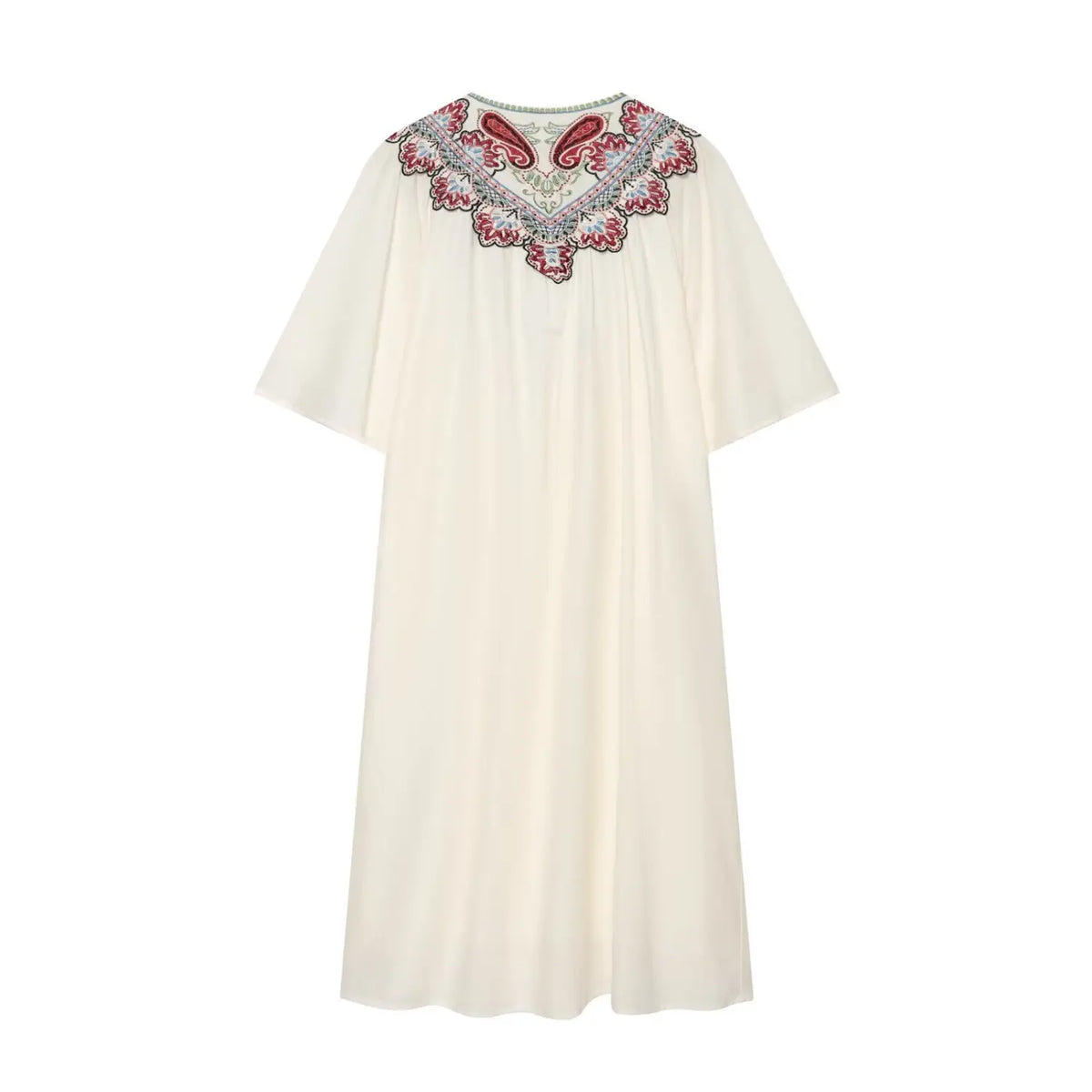 Back view cream white midi dress, decorative paisley yoke embroidery, loose comfortable silhouette