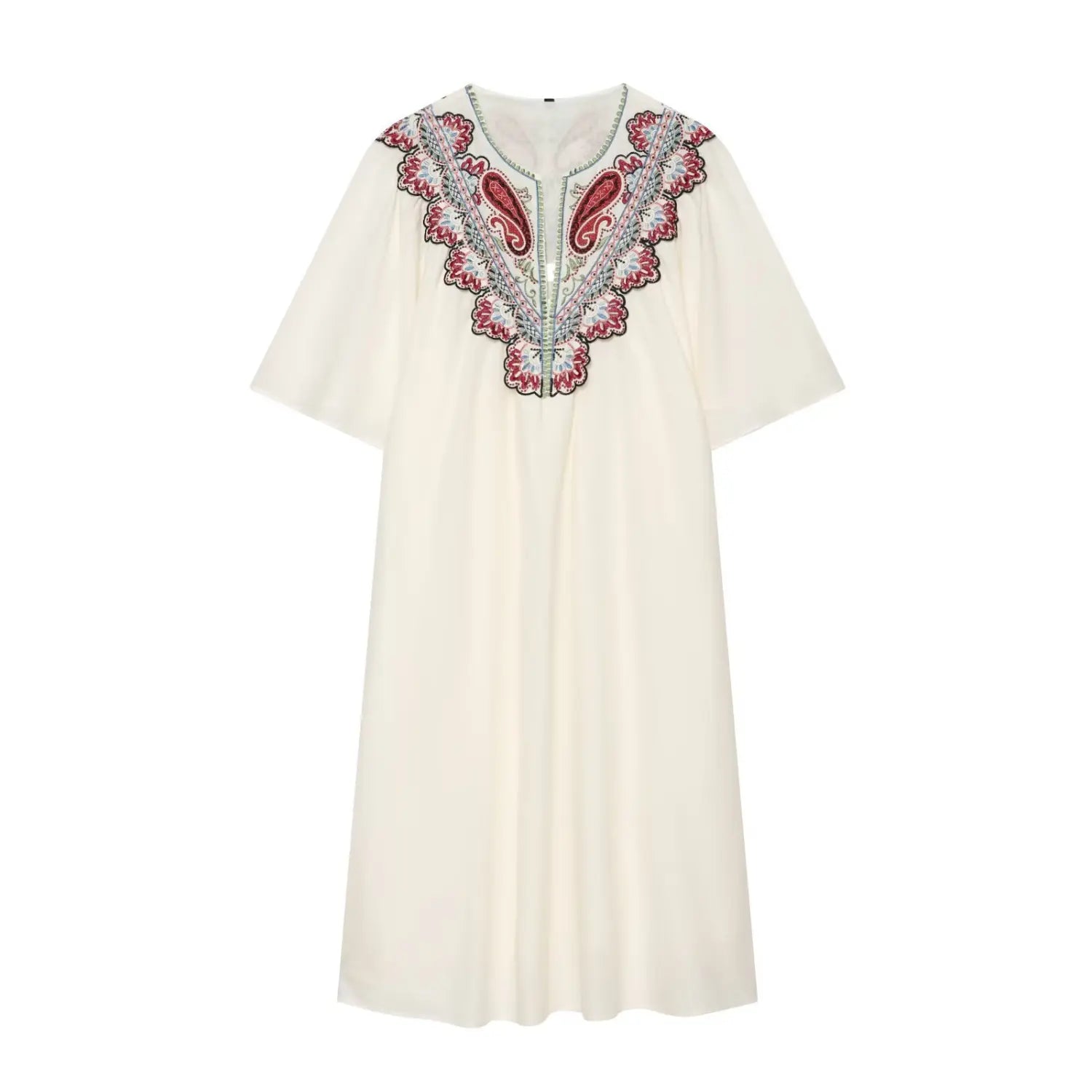 Front view cream white midi dress with paisley embroidery, V-neck, batwing sleeves, relaxed flowy fit