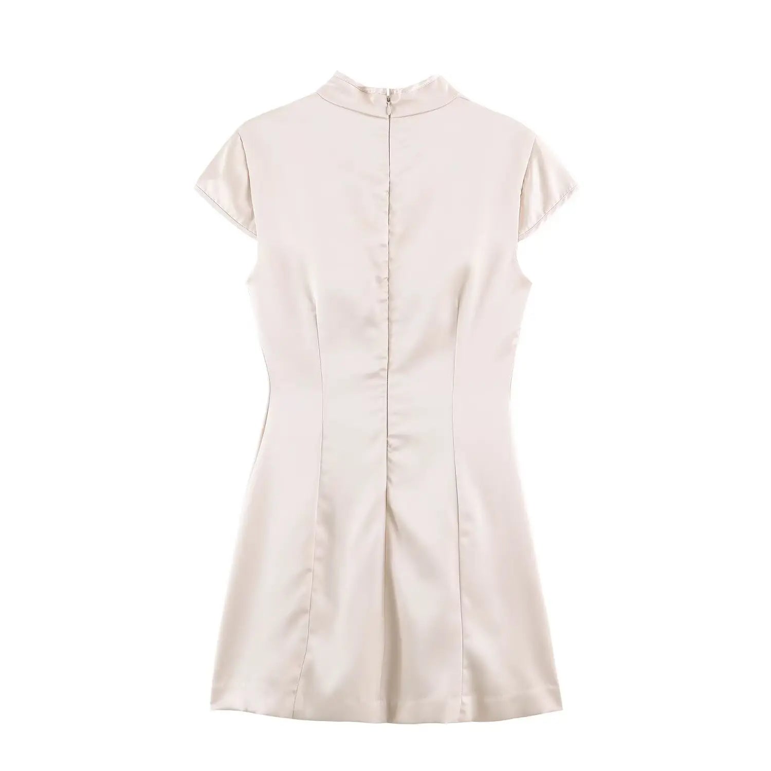 Cream white dress complete back flat view, center back invisible zipper, smooth solid satin fabric