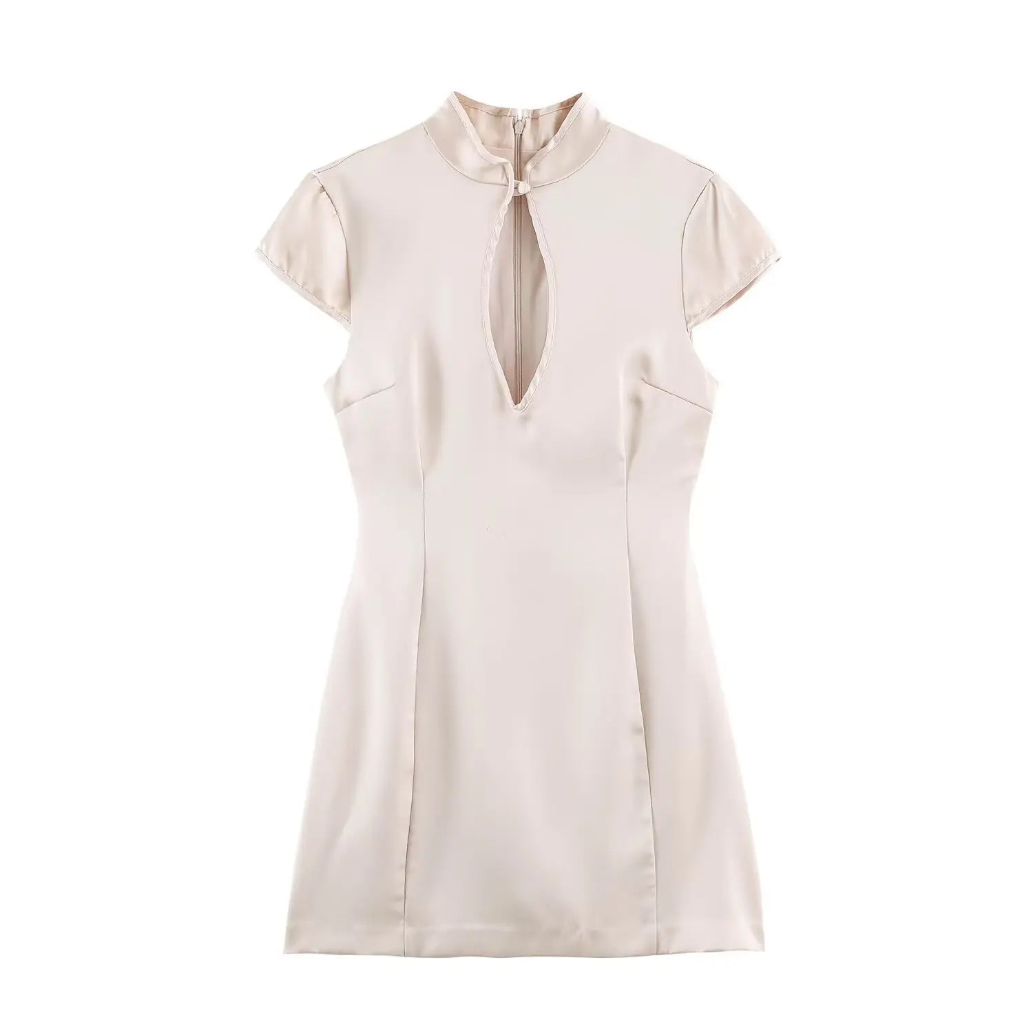 Cream white qipao front main flat shot, mandarin stand collar, single front frog button, hollow keyhole chest cutout