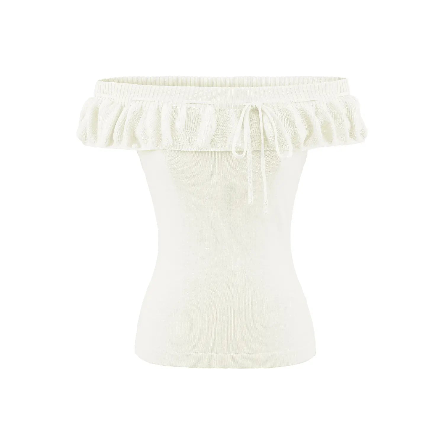 Cream white ruffle drawstring knit tube top front plain white render shot, soft solid knit double folded flounce neck front tie waist cropped top product shot