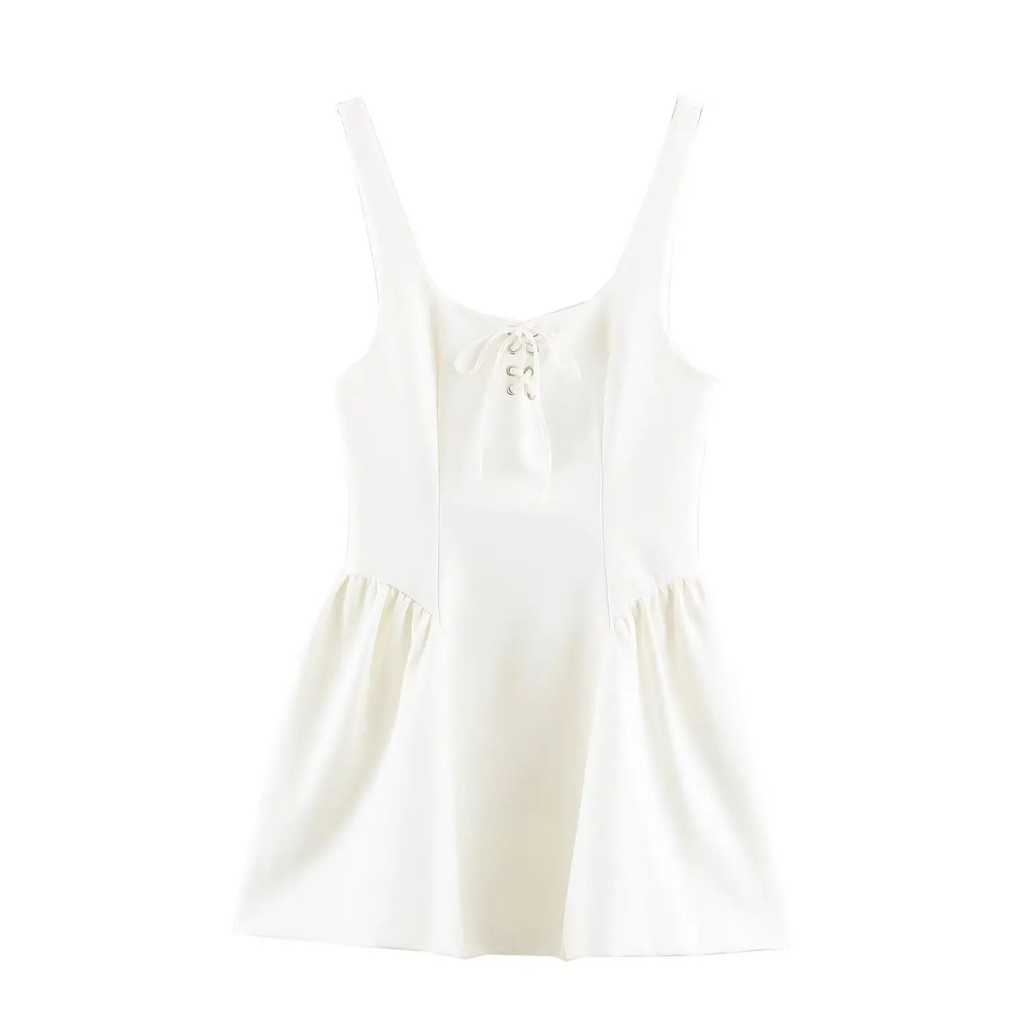 Flat product shot cream sleeveless mini dress, wide shoulder straps, square neck, front eyelet lace-up detail, gathered flare skirt