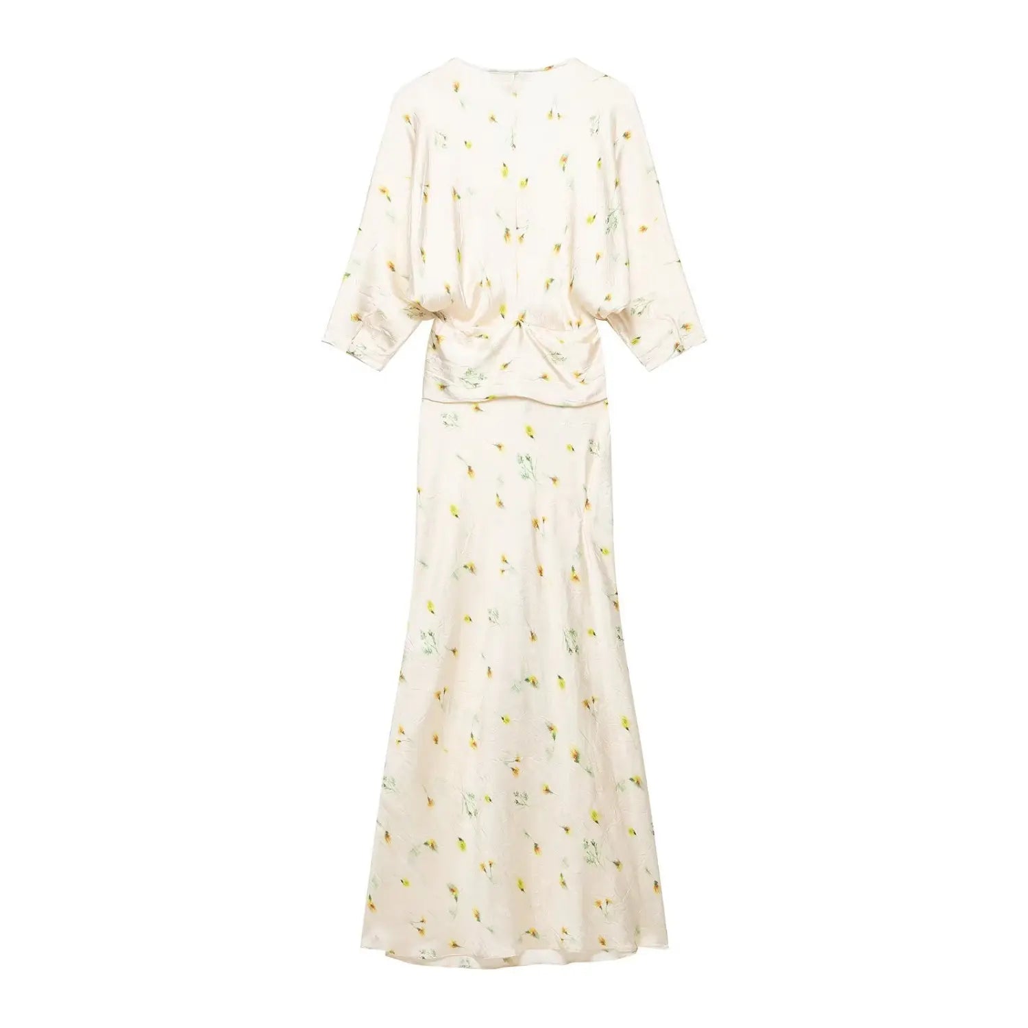 Back shot cream floral wrap long dress, blouson back silhouette, yellow wildflower print wrinkled satin material