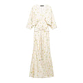 Front view cream yellow floral wrap maxi dress, v neck three quarter sleeve waist tie knot textured satin fabric isolated white background