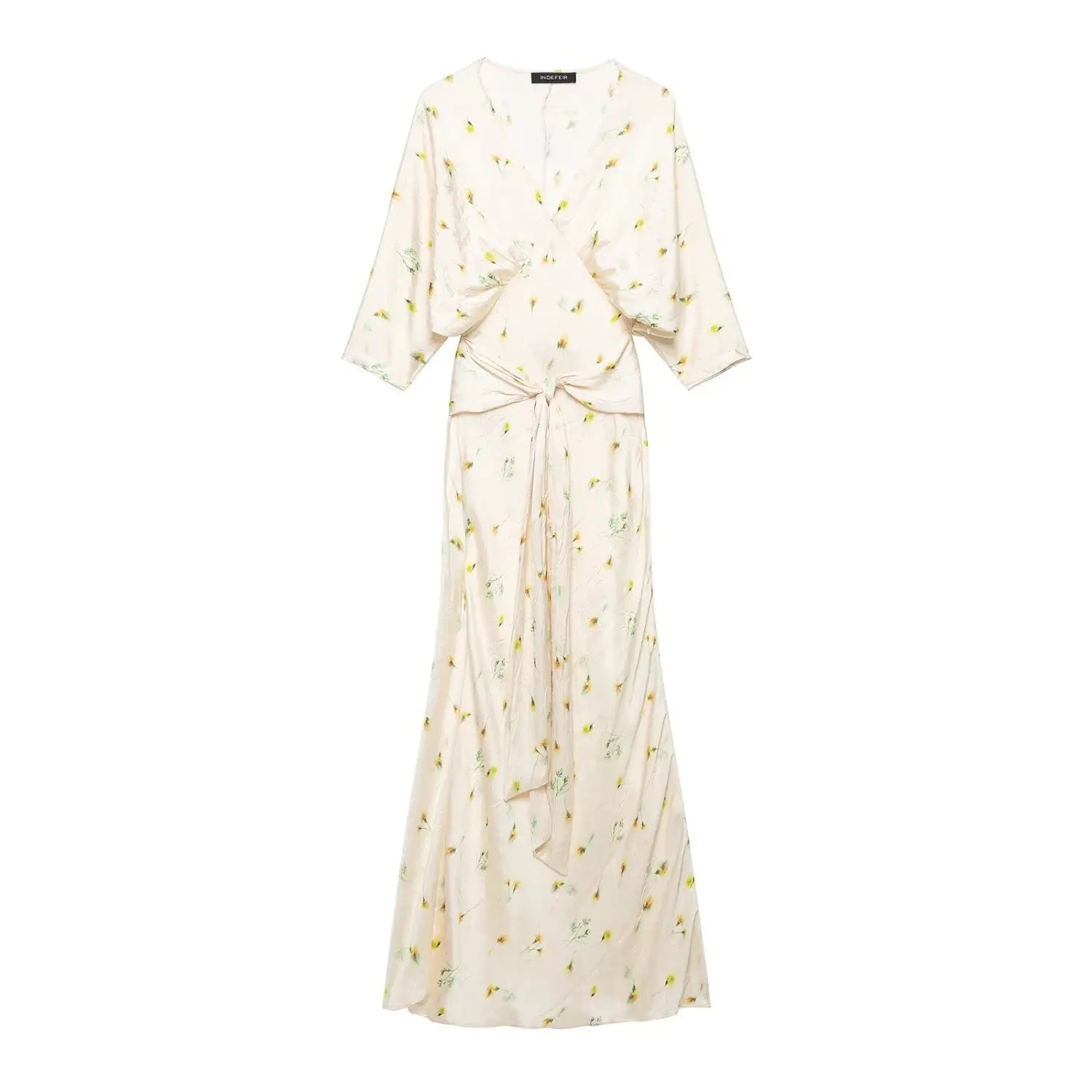 Front view cream yellow floral wrap maxi dress, v neck three quarter sleeve waist tie knot textured satin fabric isolated white background