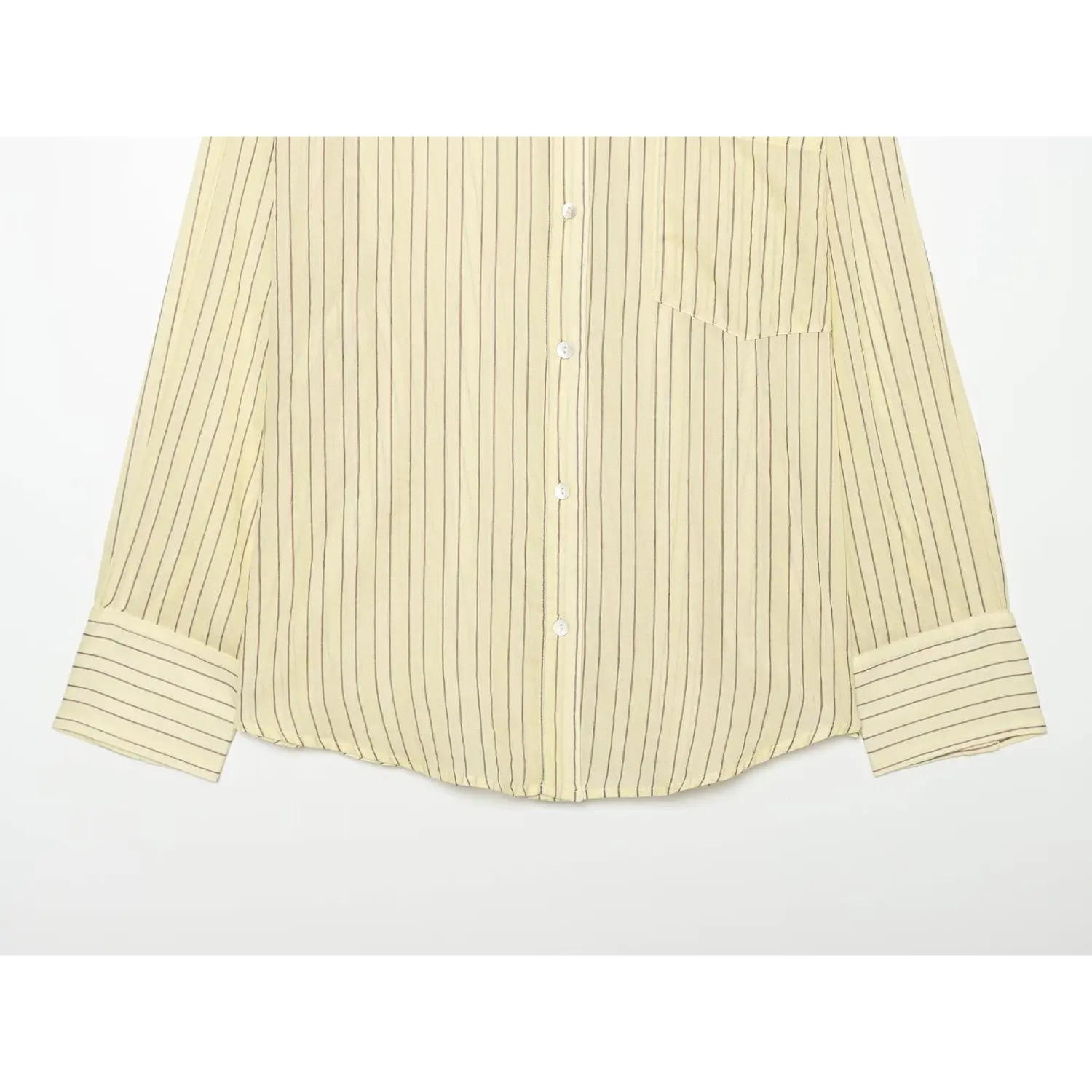 Front flat lay oversized shirt, pale yellow multi thin vertical stripes, chest pocket, turn-back cuffs