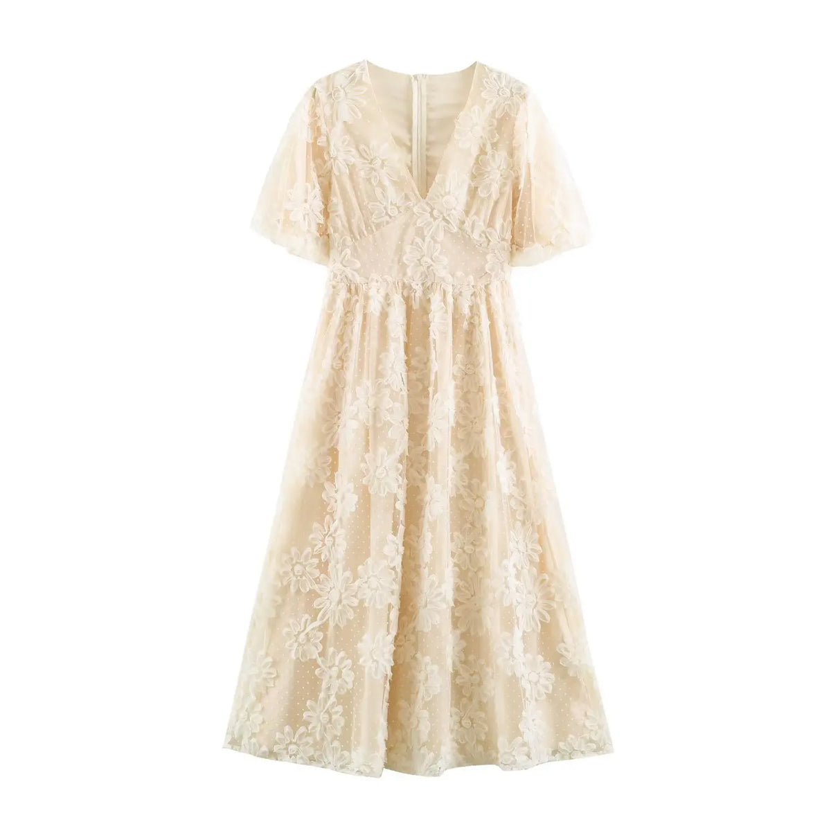 Front flat‑lay view of cream v‑neck maxi dress with 3d floral applique, polka dot tulle and short flutter sleeves
