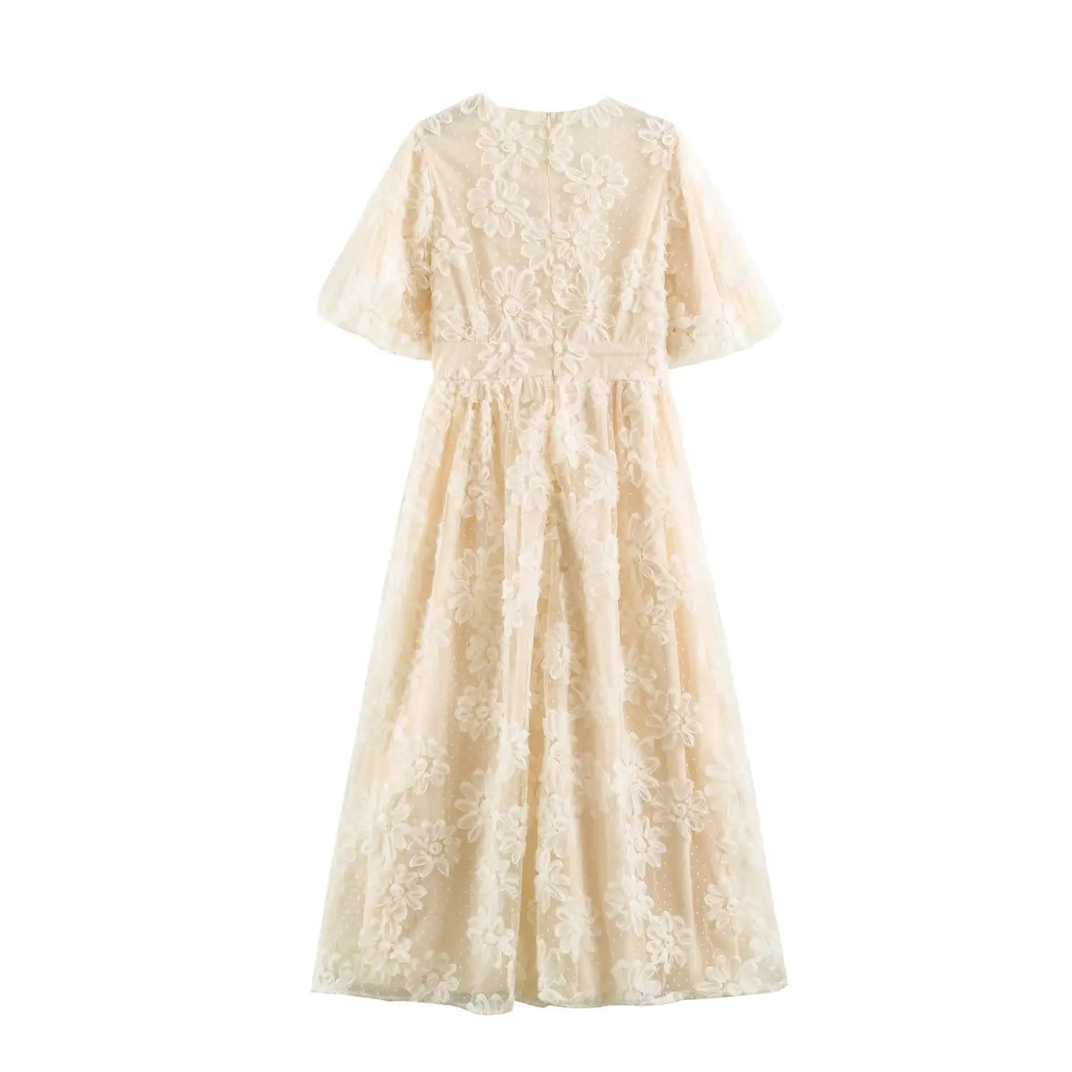 Back flat‑lay view of cream long maxi dress, back zipper, fitted waist and flowy tulle skirt