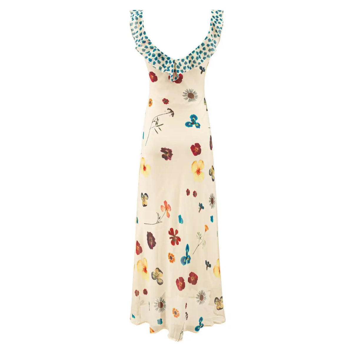 Back full view of cream colorful floral print maxi dress with blue ruffle neck