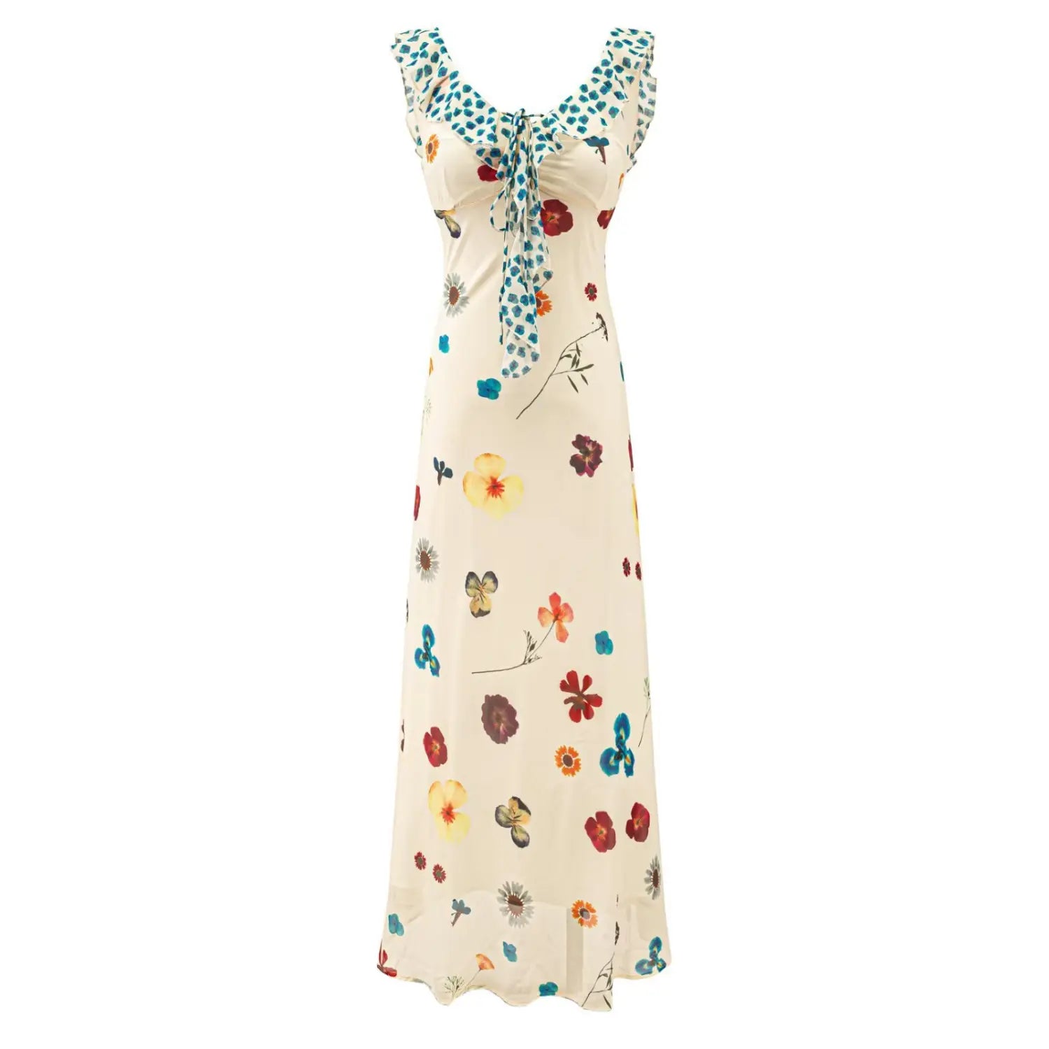 Front full view of cream colorful floral print maxi dress with blue ruffle trim neckline