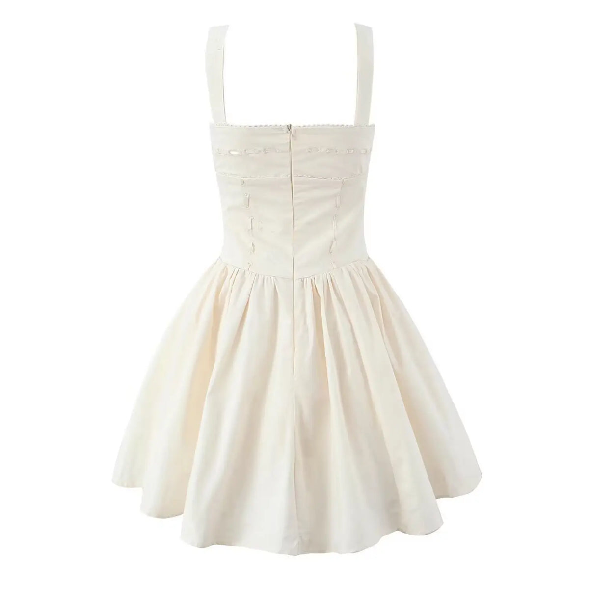 Full back view of cream camisole mini dress with center back zipper