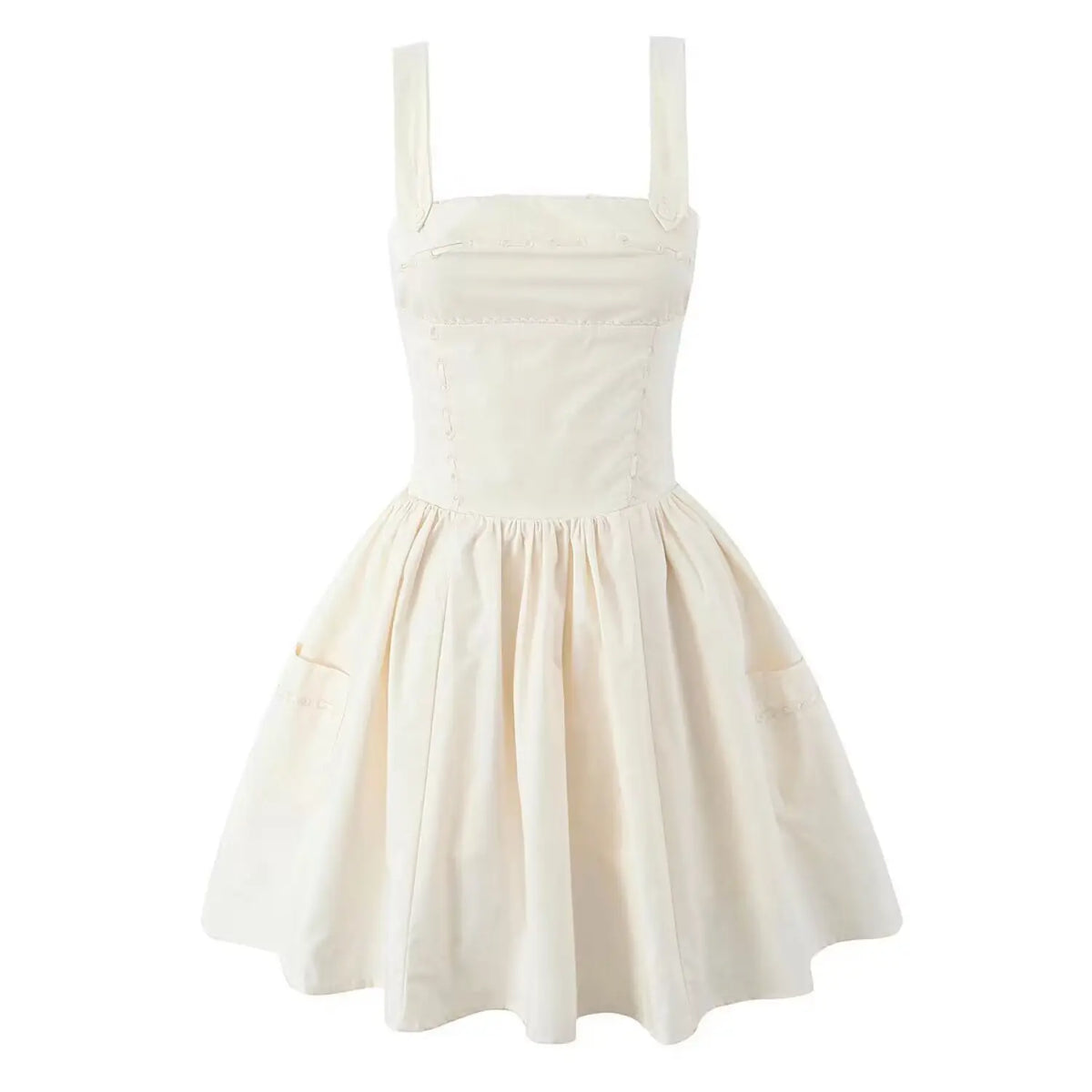 Full front view of cream corset camisole mini dress with square neck and gathered flare skirt