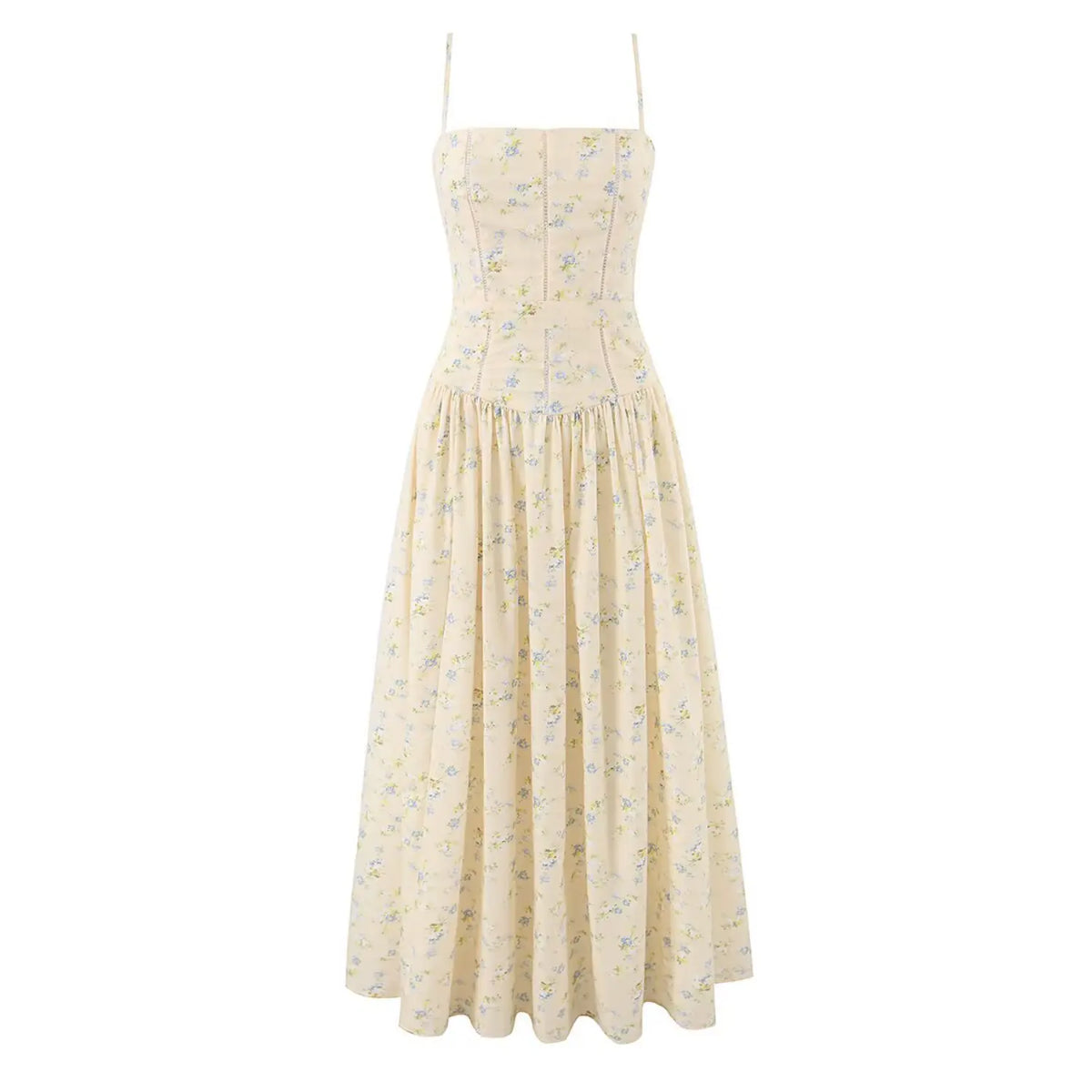 Front full view of cream floral cami maxi dress