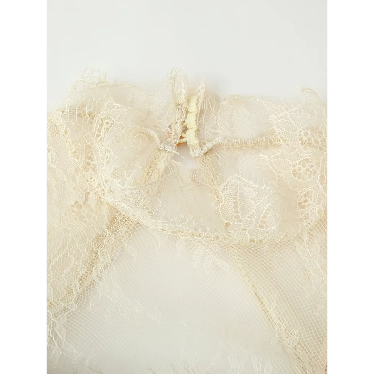 Close‑up of cream floral lace mock neck, back keyhole with loop button fastening, sheer lace fabric texture