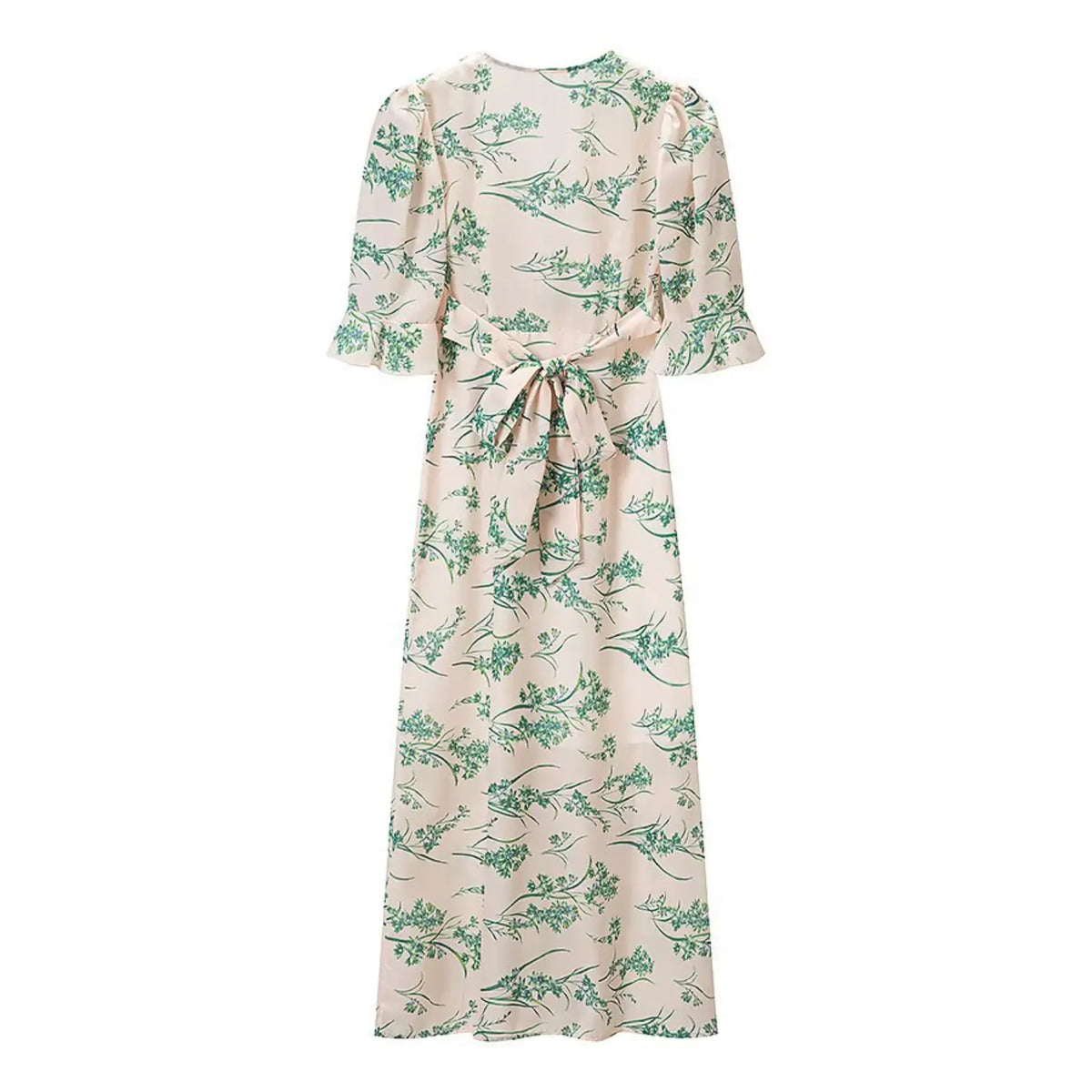Full flat back view of cream green floral puff sleeve maxi dress