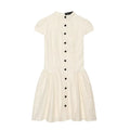 Flat lay front view of cream lace mini dress, cap sleeve, stand collar, front black button placket, flared skirt