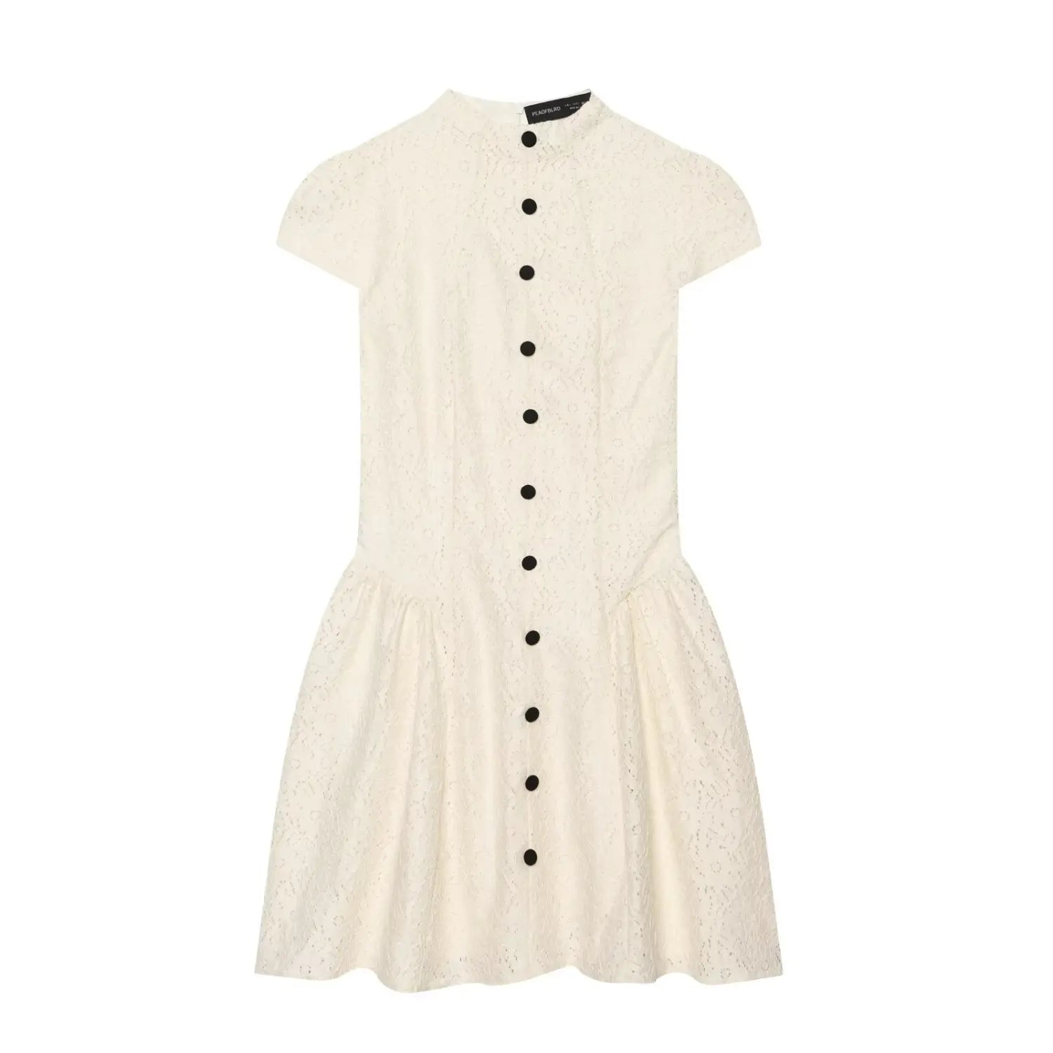 Flat lay front view of cream lace mini dress, cap sleeve, stand collar, front black button placket, flared skirt