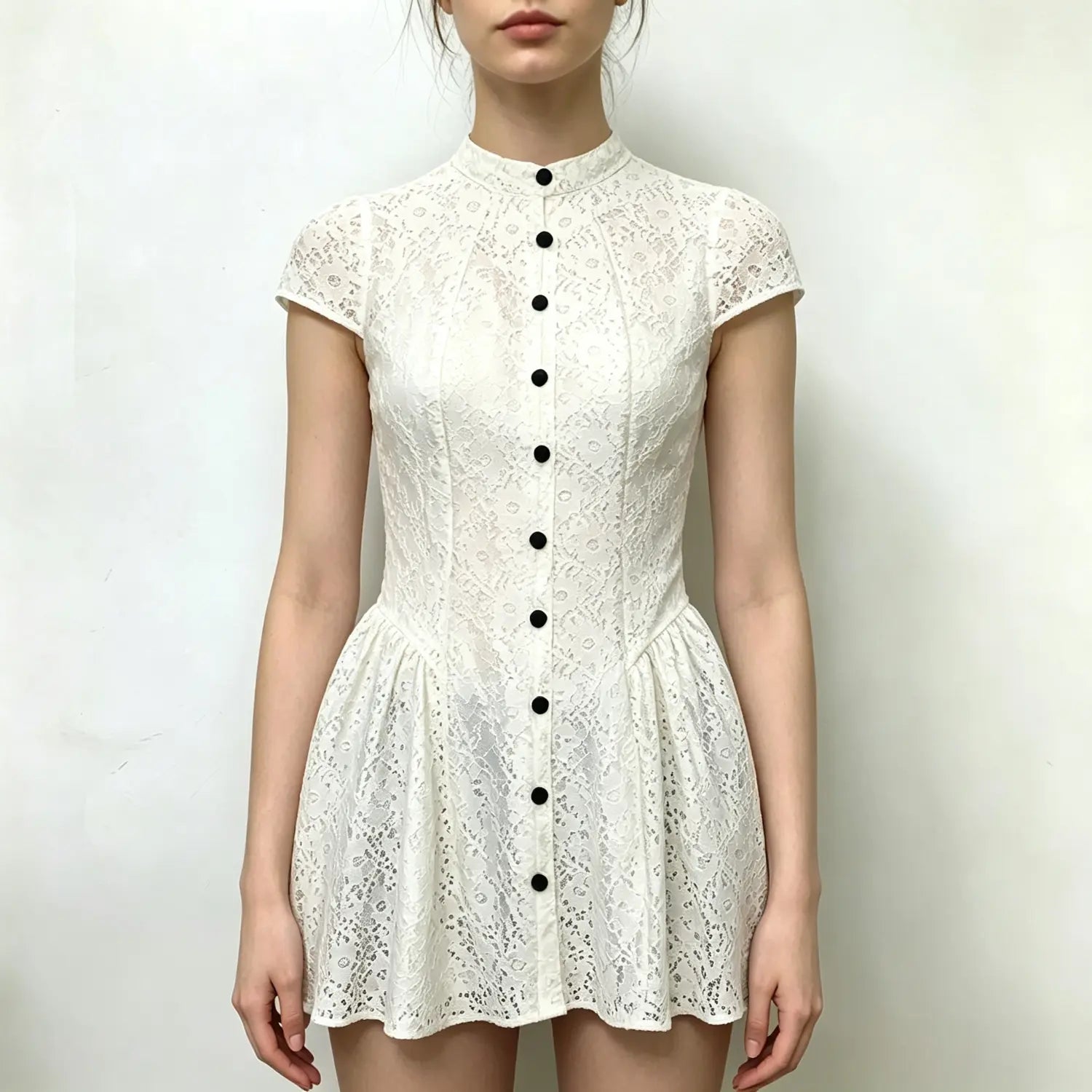 Model wearing cream lace mini dress, stand collar, cap sleeve, black button front, fit and flare short skirt