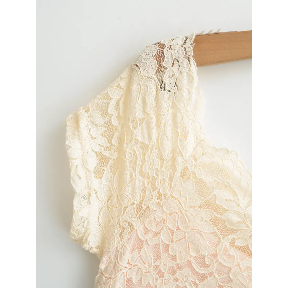 Close‑up view of cream floral lace fabric texture