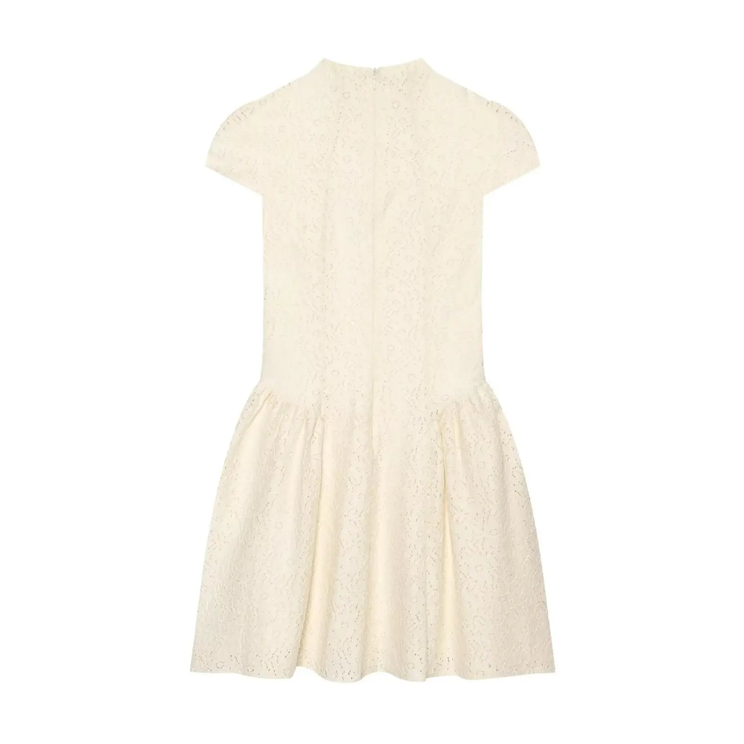 Flat lay back view of cream lace mini dress, cap sleeve, back center invisible zipper, flared ruffle skirt