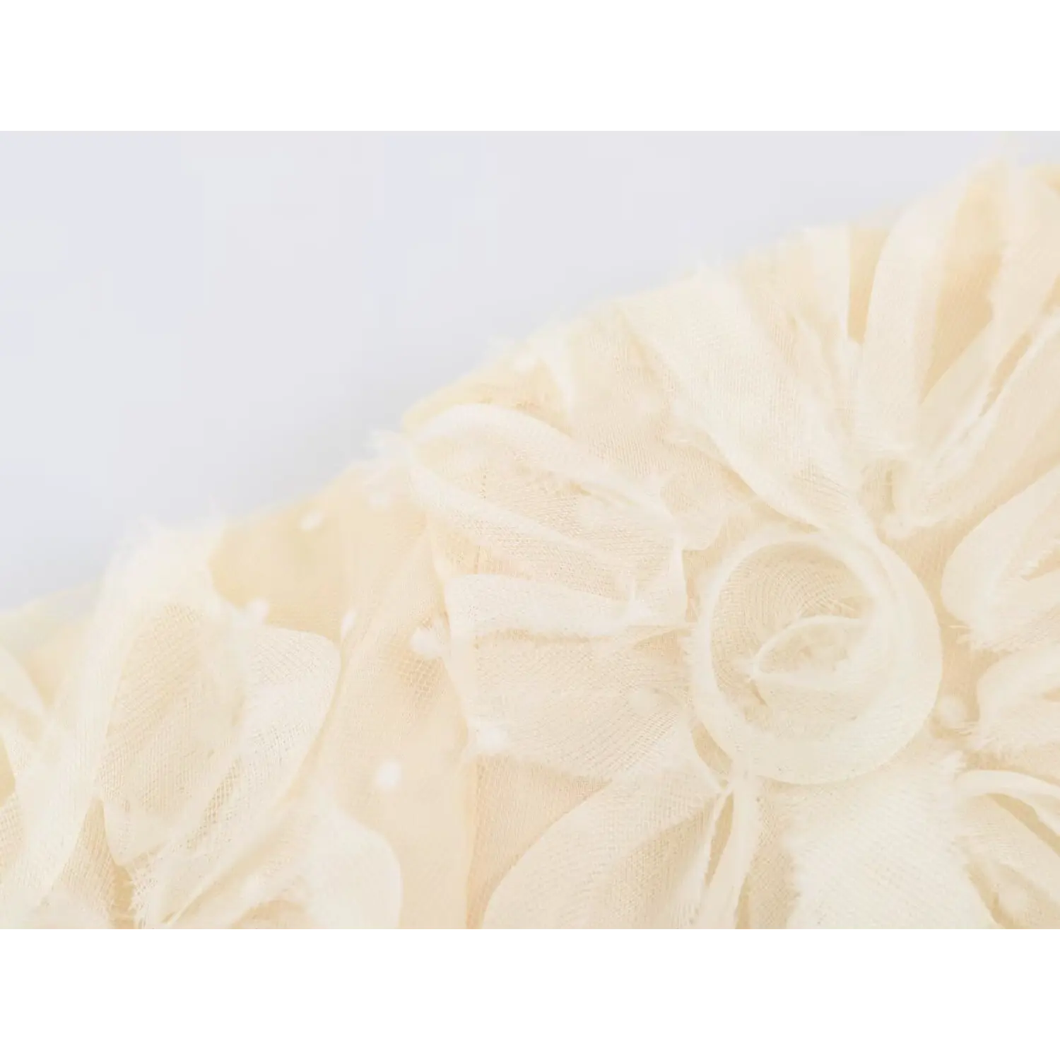 Macro shot of three‑dimensional fabric flower texture on cream tulle maxi dress