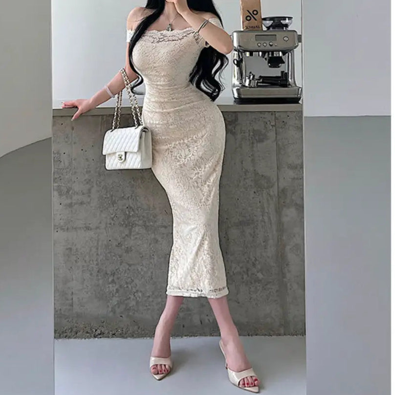 Model wearing cream off‑shoulder lace bodycon maxi dress