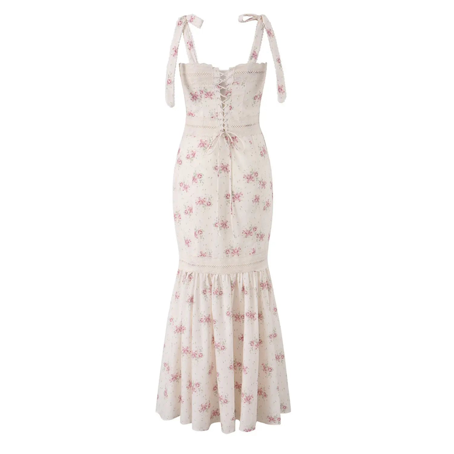 Back full view of cream pink floral tie‑strap mermaid maxi dress