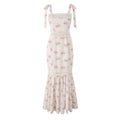 Front full view of cream pink floral tie‑strap mermaid maxi dress