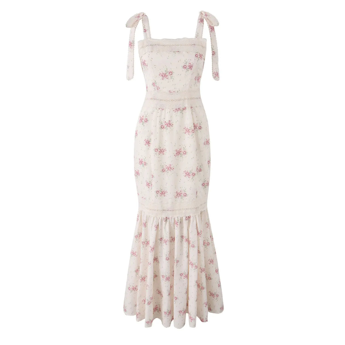 Front full view of cream pink floral tie‑strap mermaid maxi dress