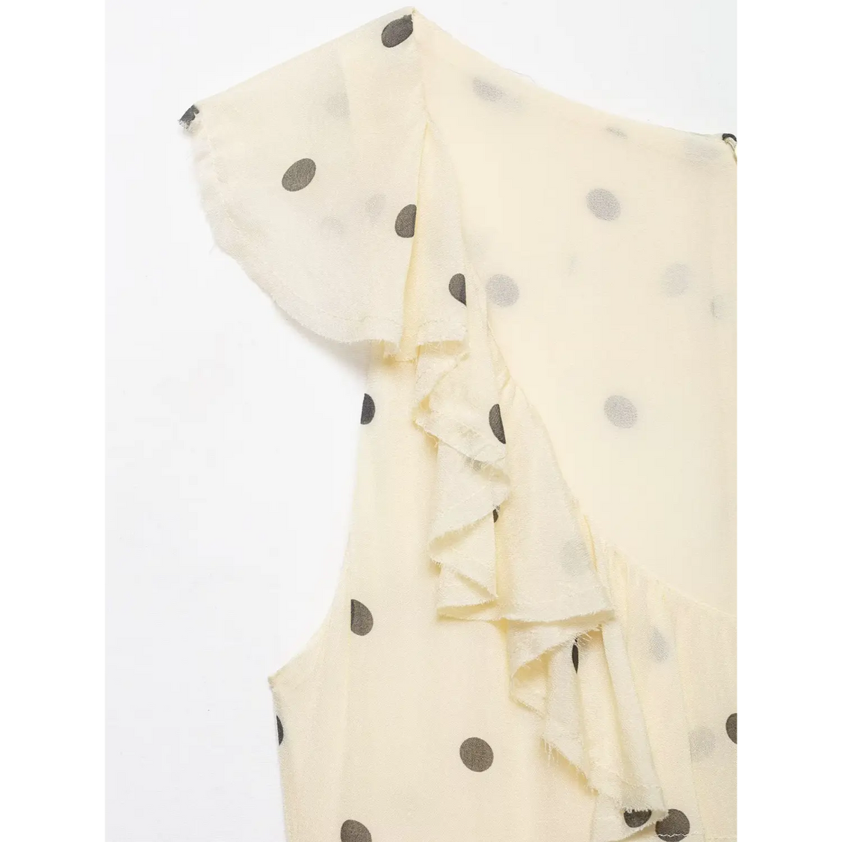 Close‑up of shoulder ruffle and polka dot fabric